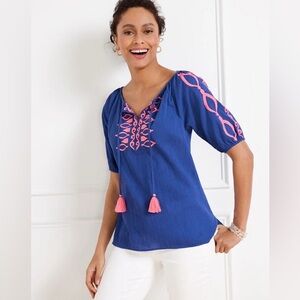 Talbots crinkle gauze embroidered top